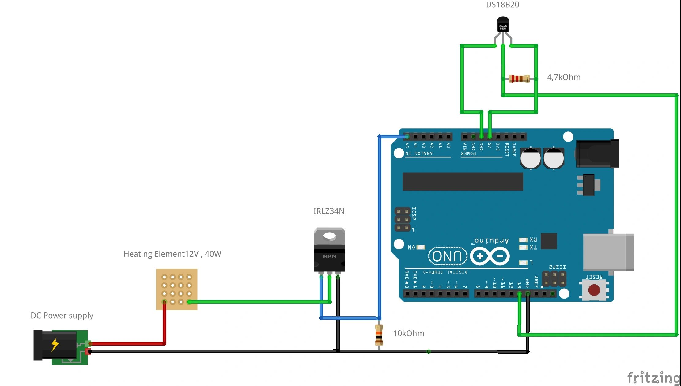 Arduino temperature control circuit with DS18B20 sensor and heating element.