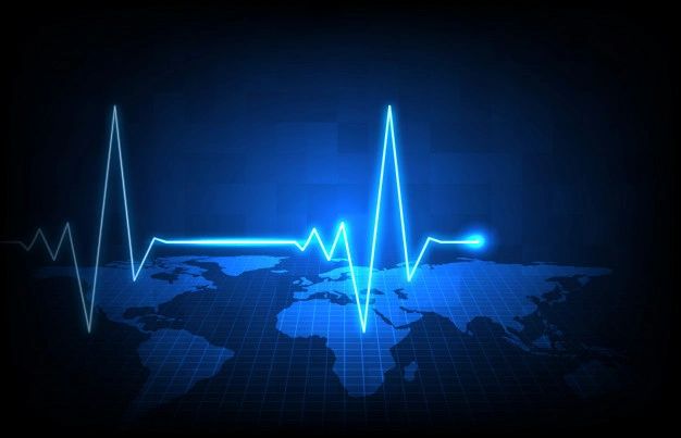 Heartbeat pulse over world map.