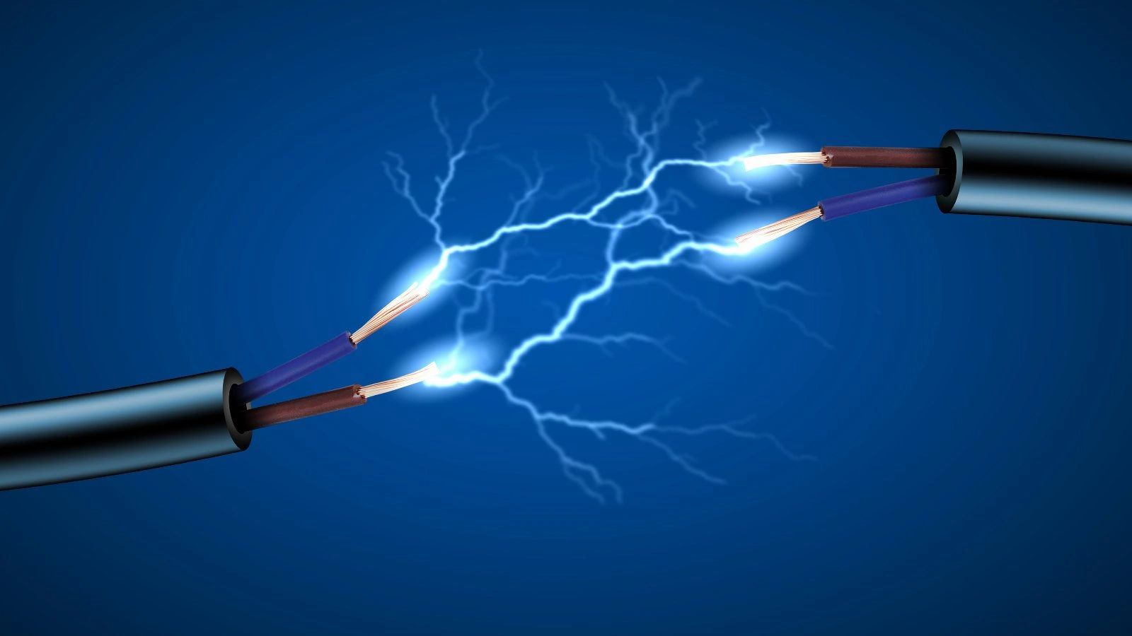 Electric sparks jumping between two exposed wires on a blue background.